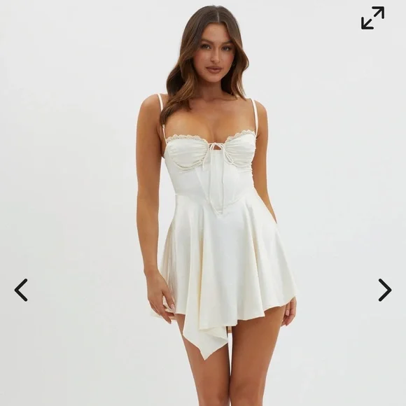 Selfie Leslie Fortune Lace Trim Asymmetrical Hem Dress Champagne - Picture 2 of 2